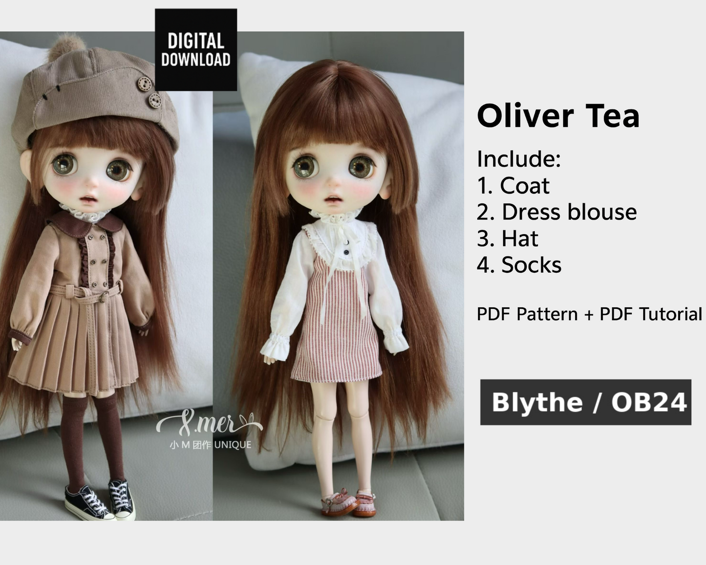 小Mer Blythe OB 24 DOLL Patterns -Oliver Tea-no seam allowance included