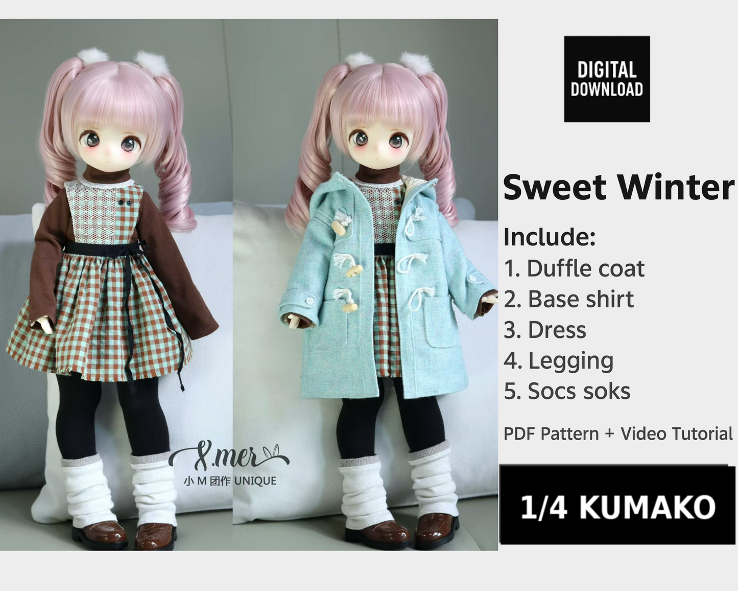 小Mer 1/4 KUMAKO BJD Doll Dress Pattern - Sweet Winter no seam allowance included