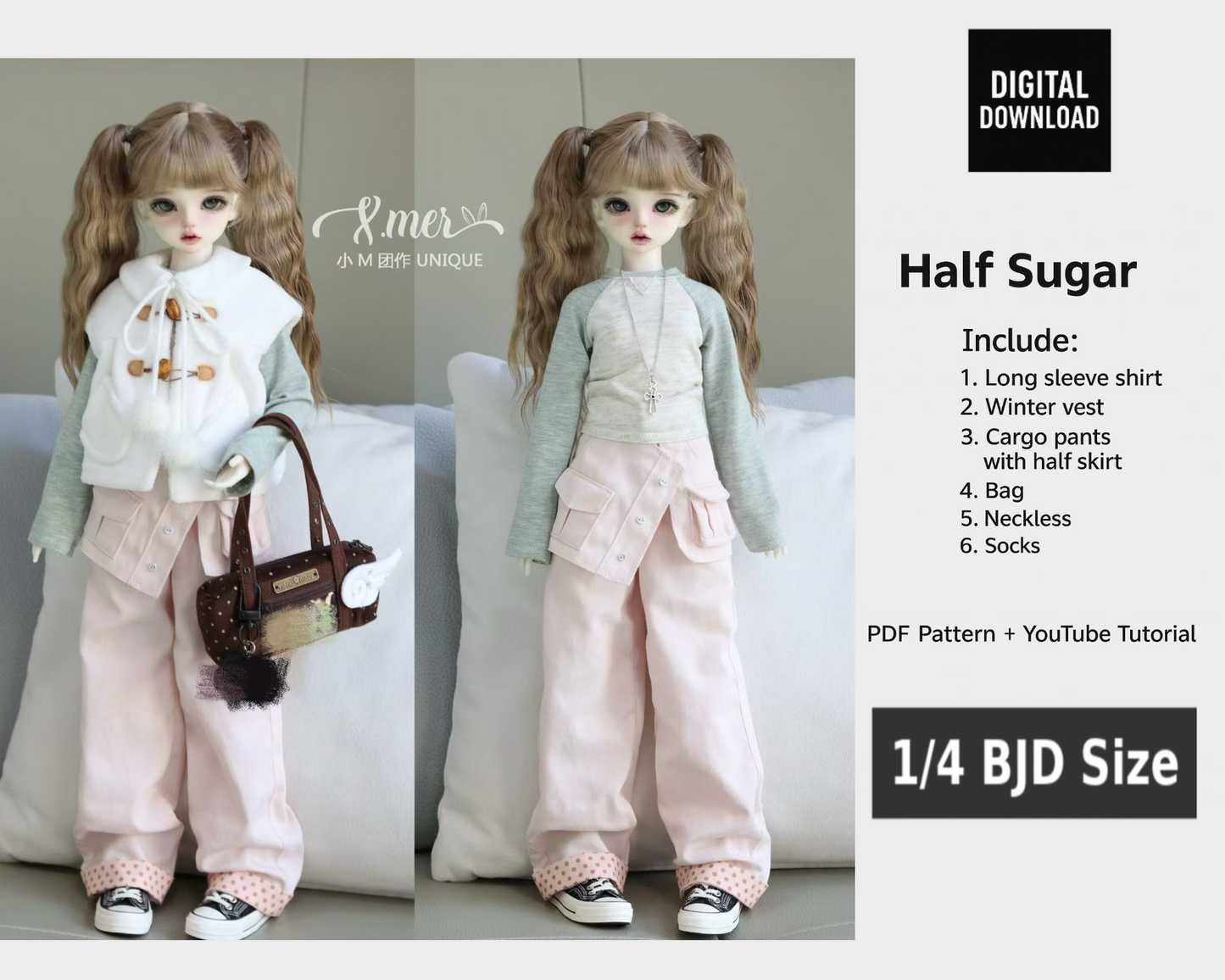 小Mer BJD 1/4 BJD DOLL Clothes Patterns -Half Sugar- no seam allowance included
