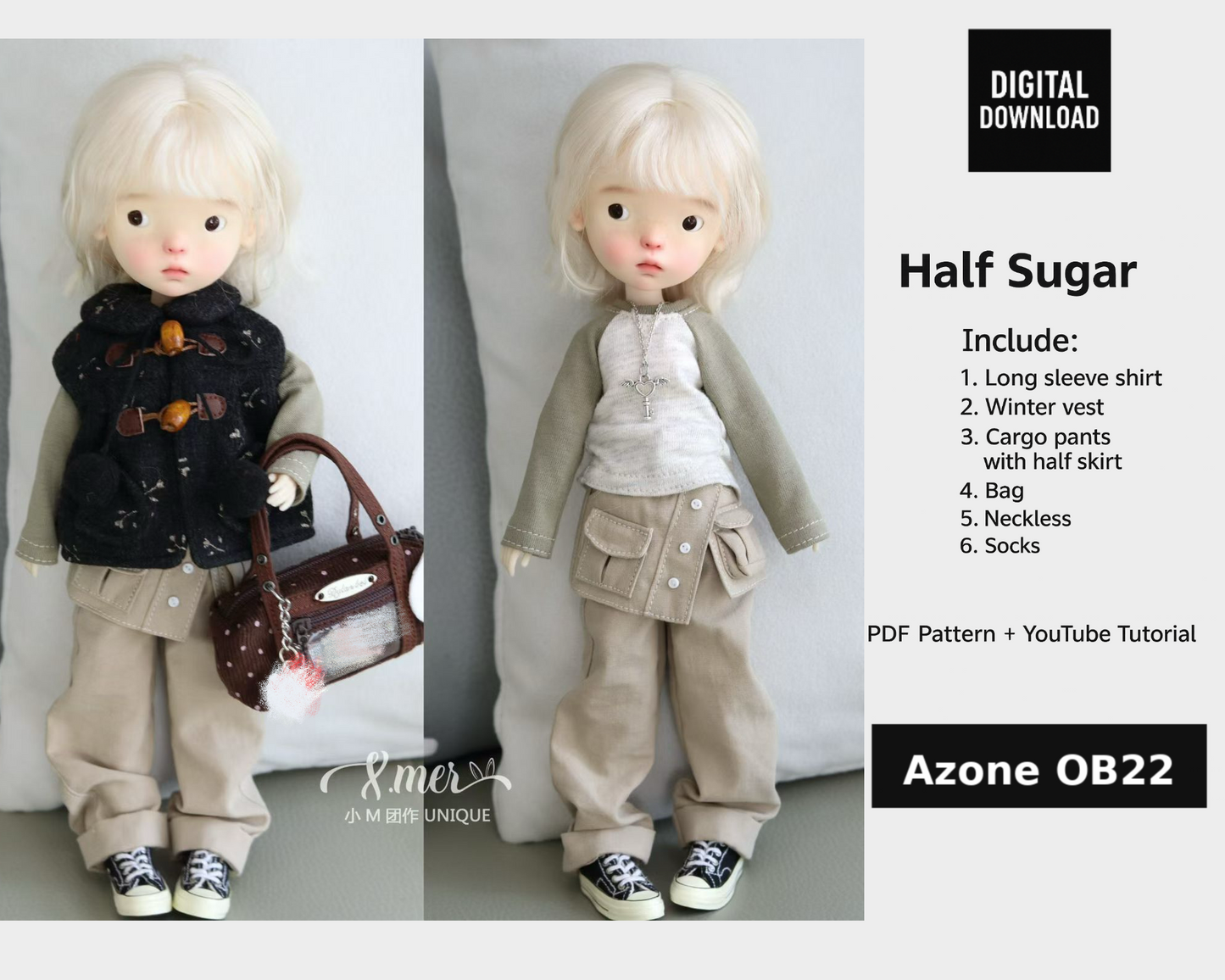 小Mer Azone ob22  Doll Clothes Patterns - Half Sugar- no seam allowance included