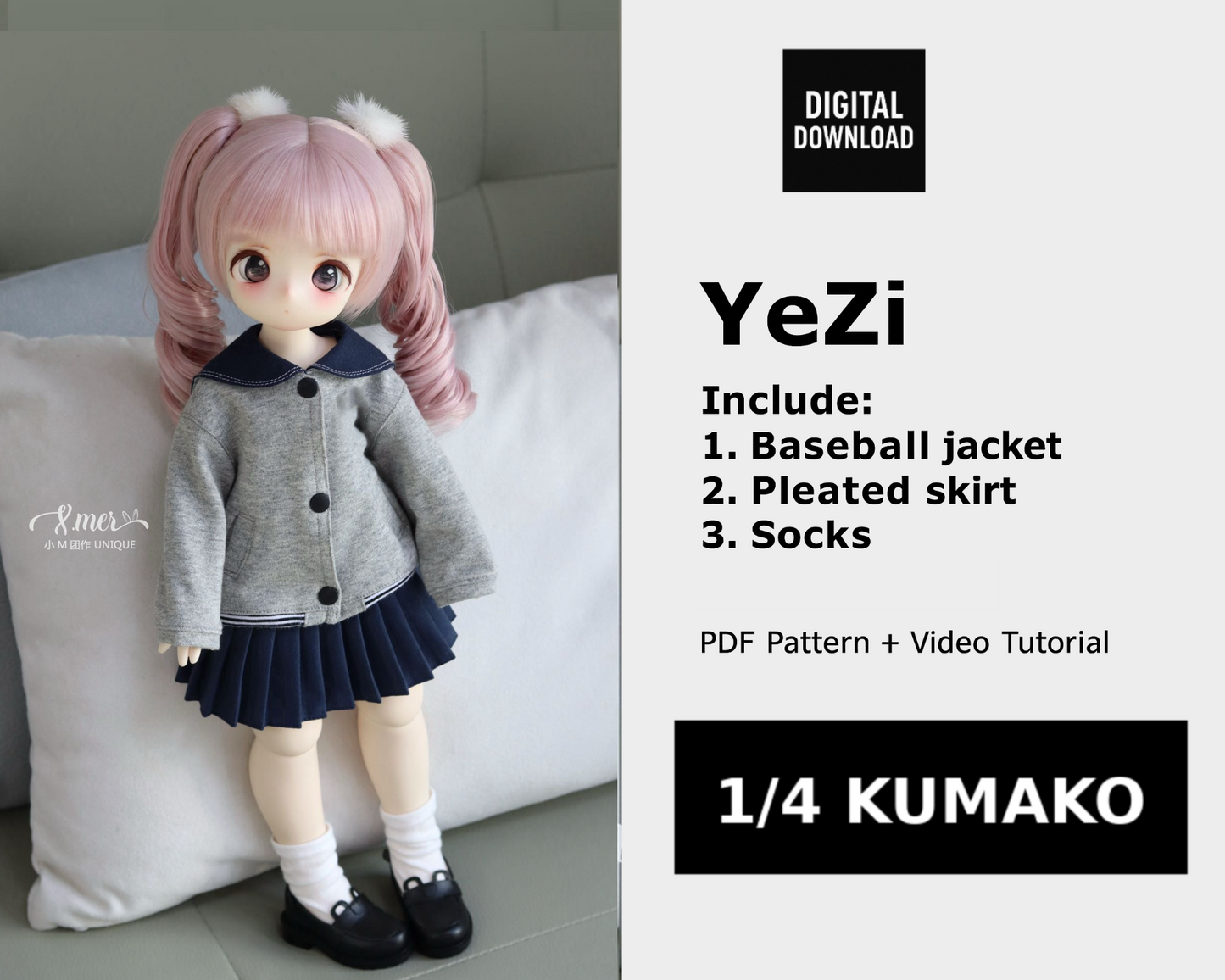 小Mer 1/4 KUMAKO BJD Doll Dress Pattern - YEZI-no seam allowance included