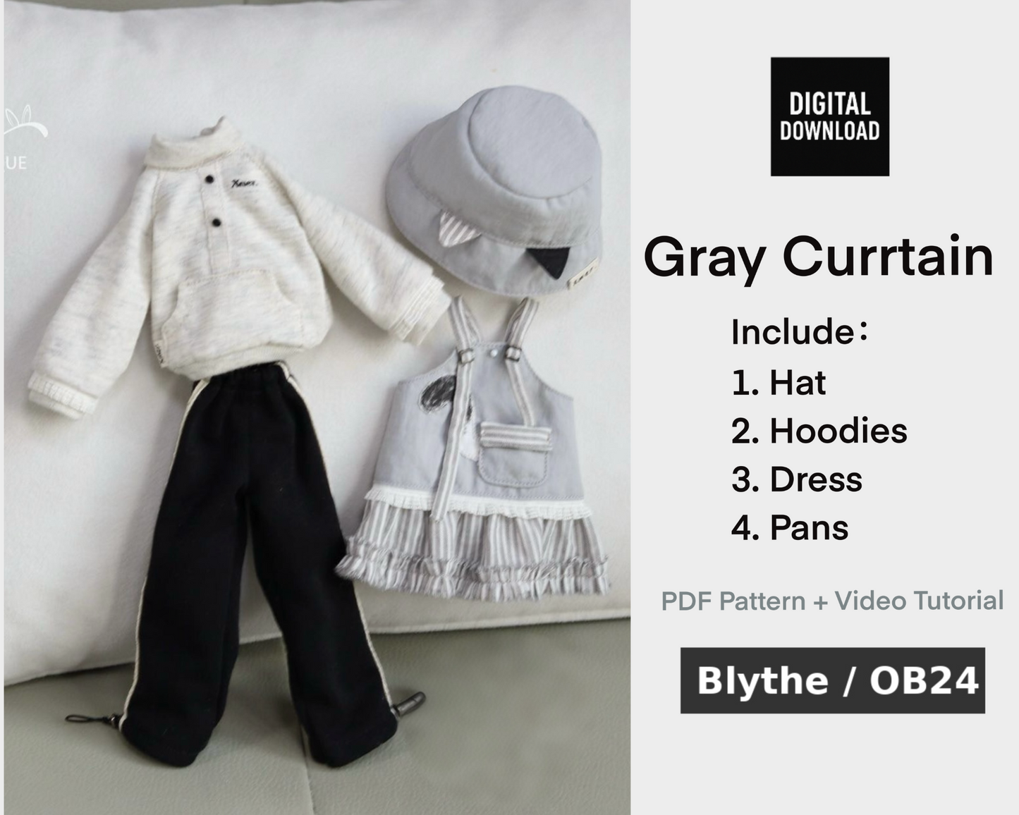 小Mer Blythe OB 24 DOLL Patterns -Grey Curtain-no seam allowance included