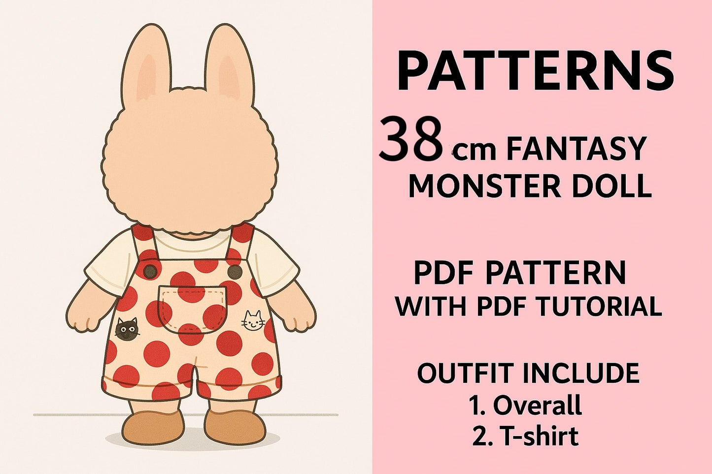 ファンタジーモンスタードールの服の型紙 - LABUBUオーバーオールの型紙 - PDF + ビデオ | 38cmに対応