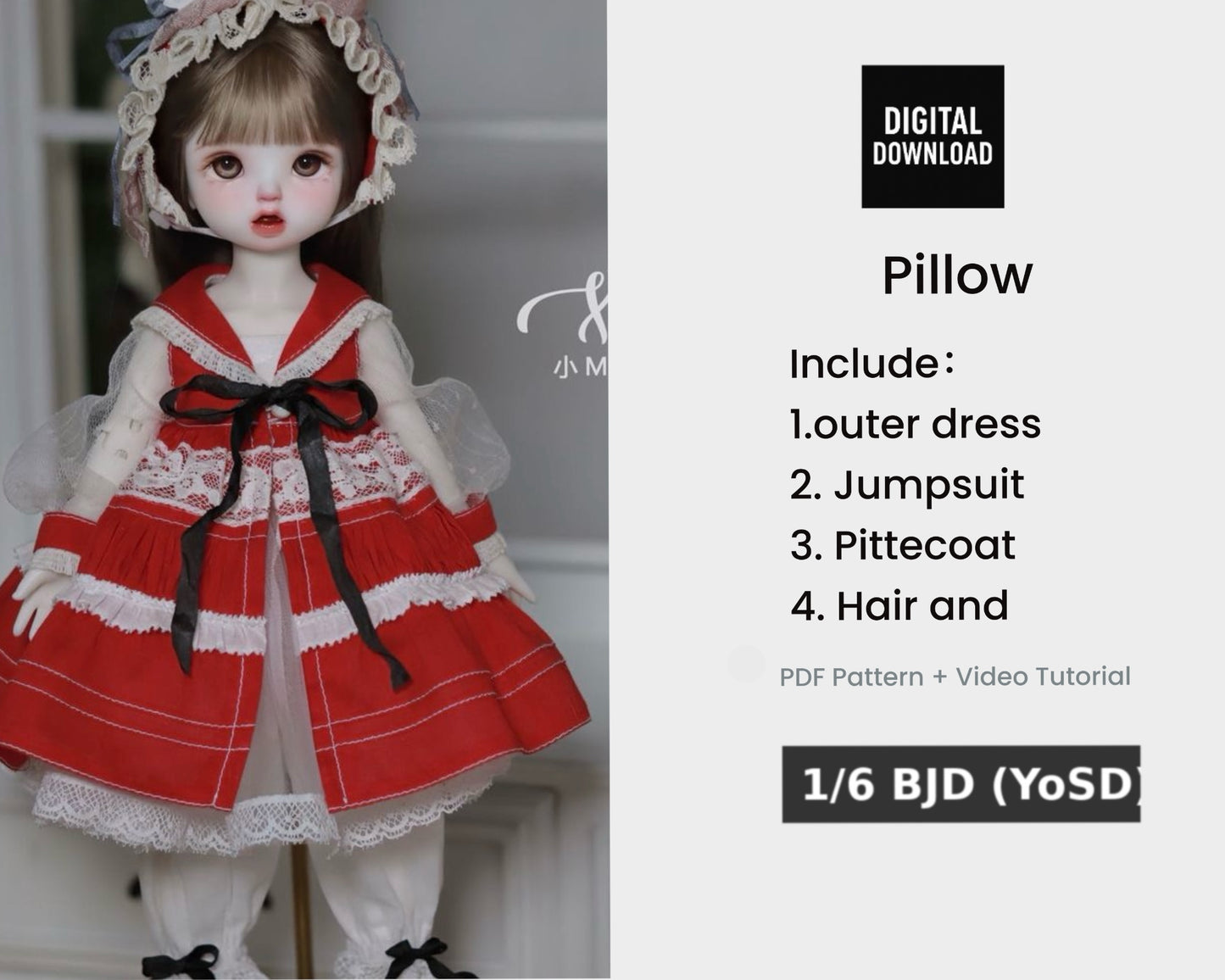 小Mer BJD 1/6 BJD DOLL Clothes Dress Patterns -Pillow-no seam allowance included