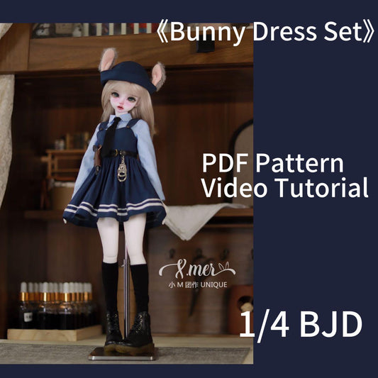 小Mer BJD 1/4 BJD DOLL Patterns Bunny Dress with Hat set： 7 Items: Hat, Tie, Shirt, Vest Dress, Belt, Gun Holster, Socks-no seam allowance